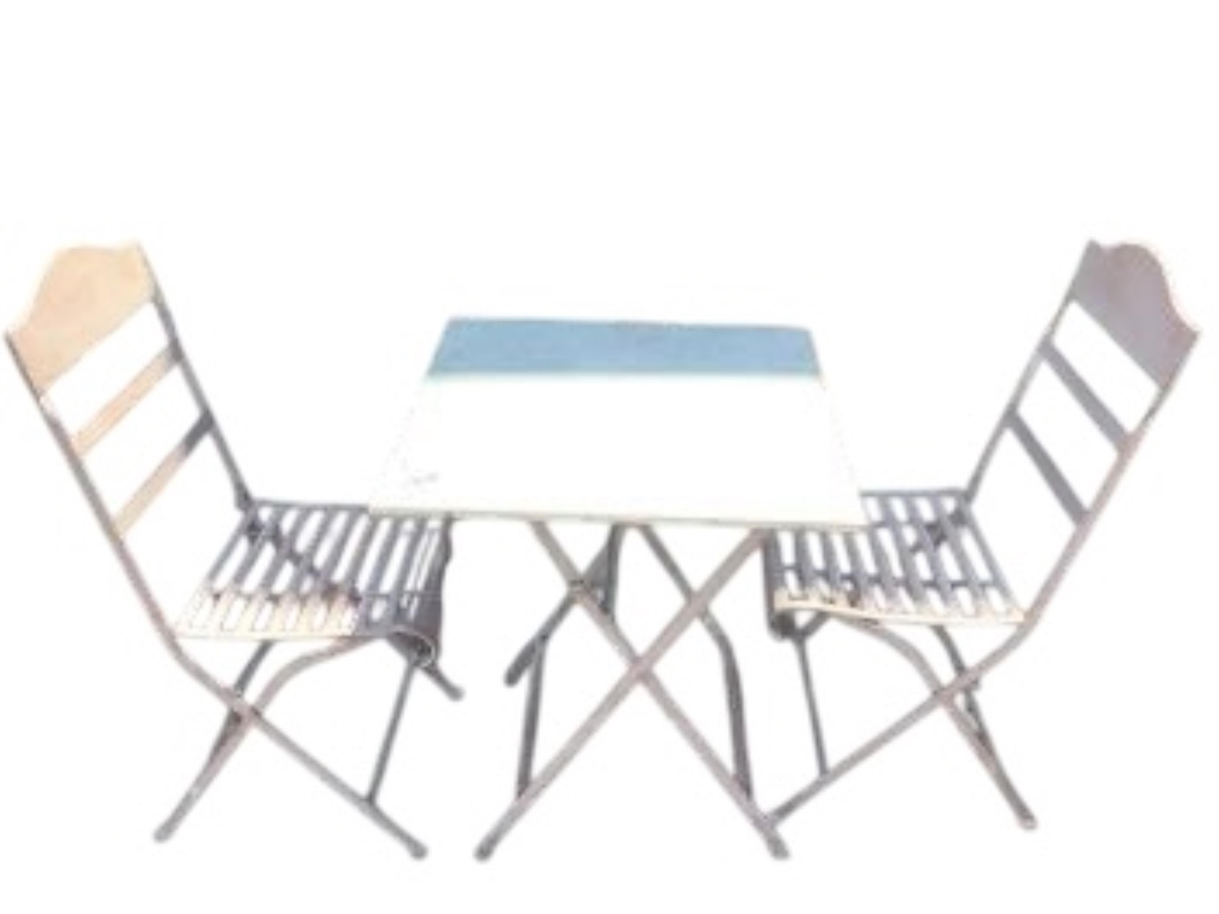 A zinc topped painted metal square folding garden table, 60cm, height 72cm and two chairs